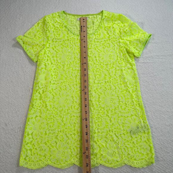 Madewell Neon Green Lace Tunic Top Womens X-Small Short Sleeve Scallop Hem Sheer - Picture 5 of 9
